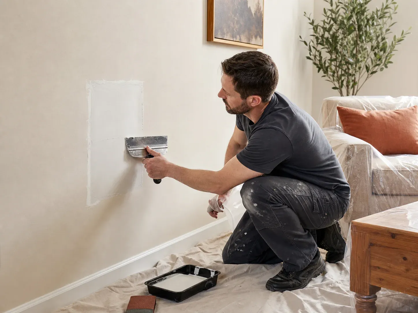 Handyman smoothing a drywall patch before an interior paint touch-up