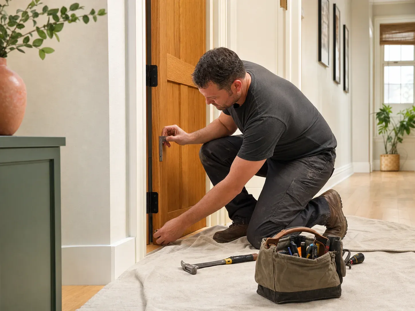 Handyman adjusting an interior wood door and checking its hinge