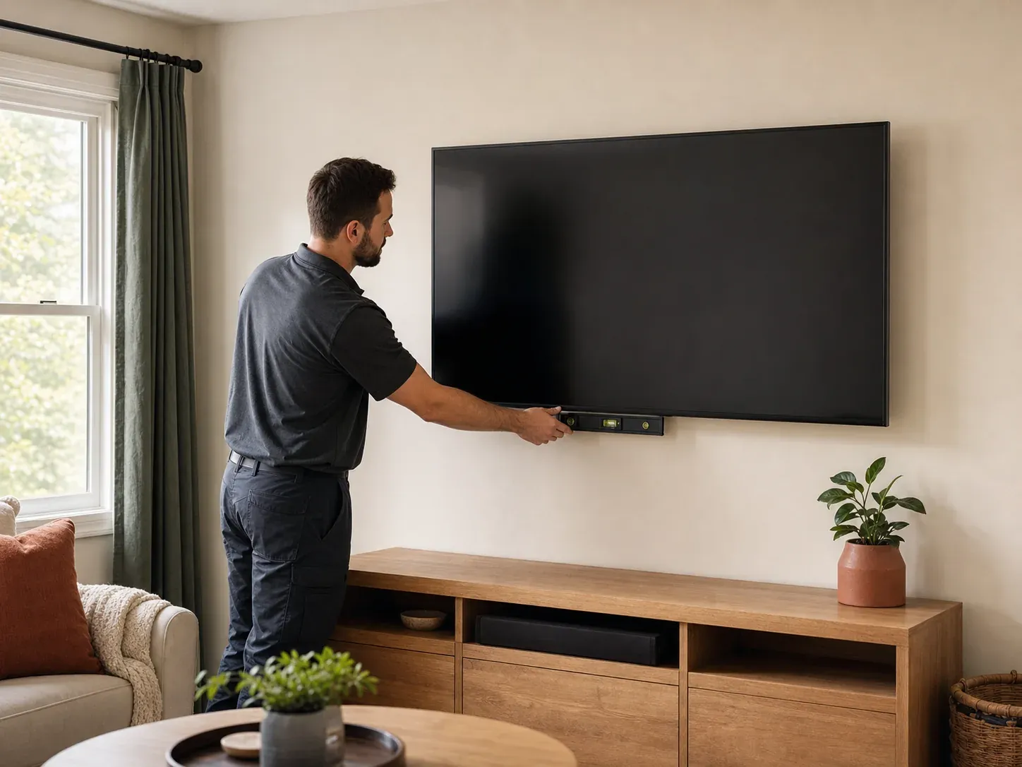 Handyman leveling a wall-mounted television in a family room
