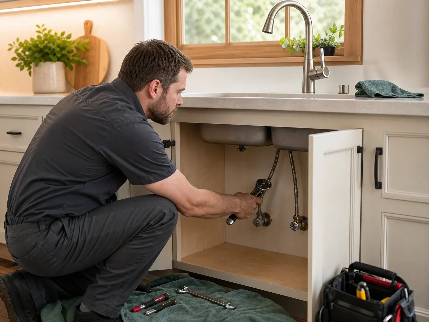Handyman checking faucet supply connections beneath a kitchen sink